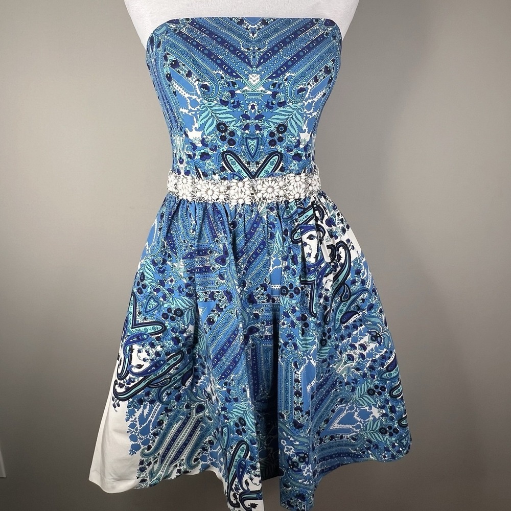 Badgley Mischka Strapless Blue Paisley Dress Beaded Waist Silk Cotton Womens 6